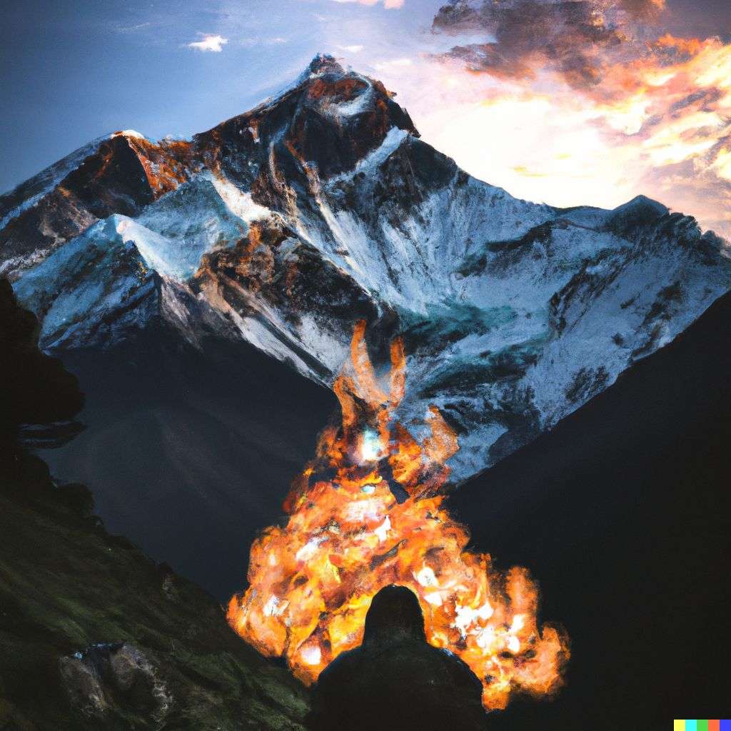 someone gazing at Mount Everest, fire art
